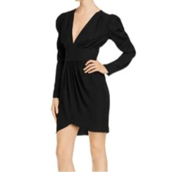 NEW Amanda Uprichard Analeigh Shirred Long Sleeve Faux-Wrap Mini‎ Dress Black S - Picture 8 of 16